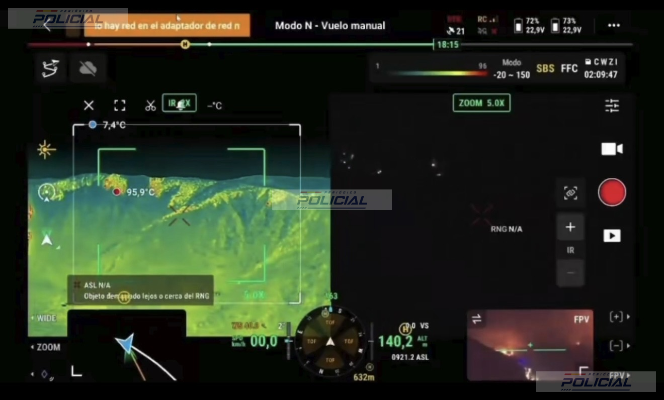 La UME utiliza drones durante la noche para monitorizar el incendio forestal de Pinofranqueado