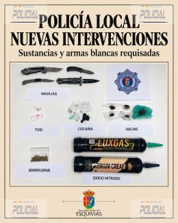 La Policía Local de Esquivias interviene cocaína, hachís, marihuana, tusi, navajas y óxido nitroso en varias actuaciones