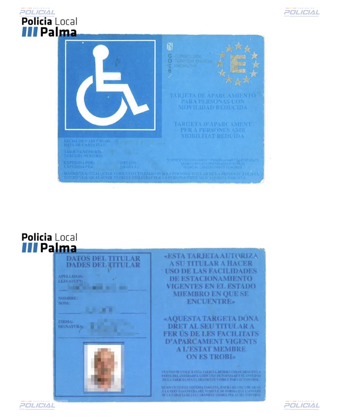 La Policía Local de Palma denuncia a un conductor por utilizar una tarjeta de estacionamiento PMR caducada y perteneciente a una persona fallecida