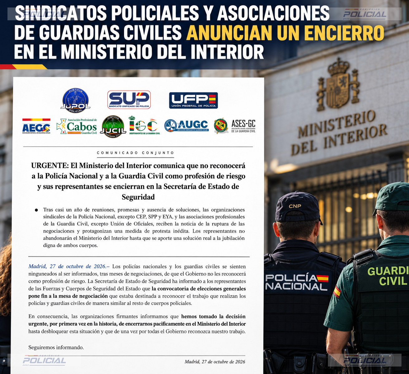 Sindicatos policiales y asociaciones de guardias civiles anuncian un encierro en Interior tras la ruptura de las negociaciones sobre la profesión de riesgo