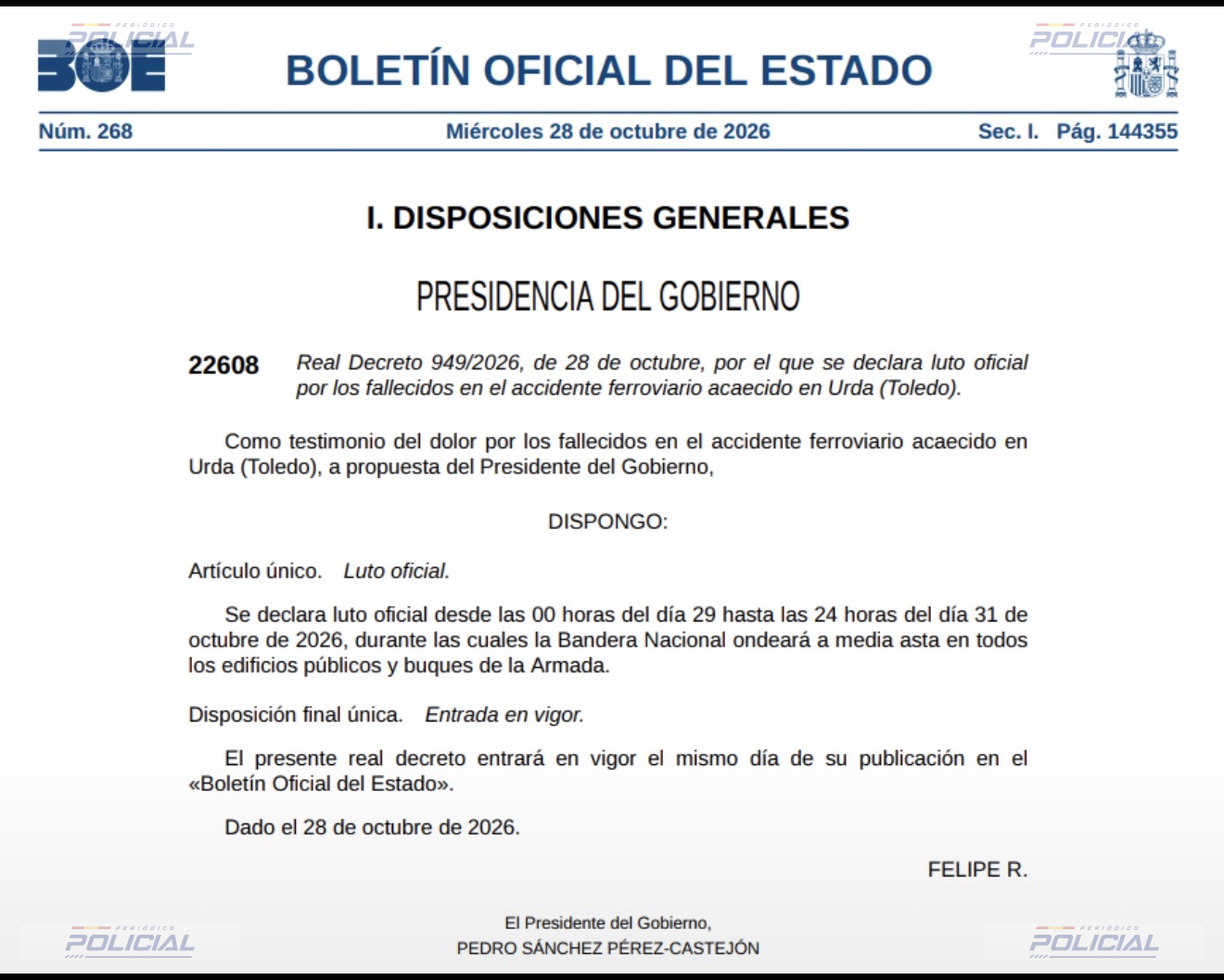 El Gobierno declara tres días de luto oficial por los fallecidos en el accidente ferroviario de Urda (Toledo)