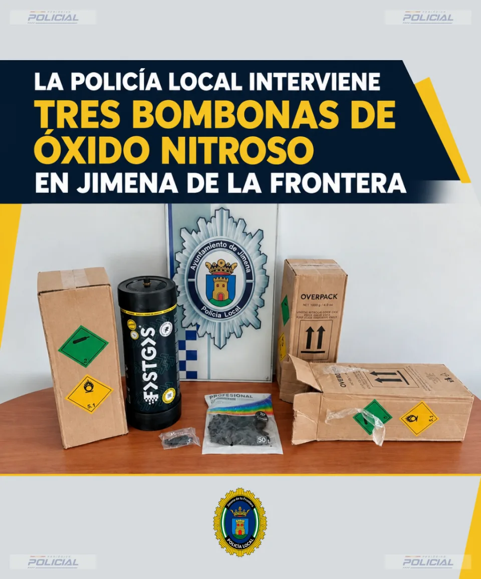 La Policía Local de Jimena de la Frontera interviene tres bombonas de óxido nitroso durante un control