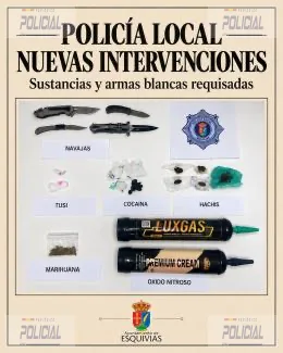 La Policía Local de Esquivias interviene cocaína, hachís, marihuana, tusi, navajas y óxido nitroso en varias actuaciones